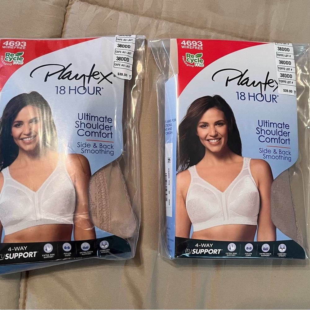 Two playtex 18 hour .. size 38 DDD bras .. new in package .. 4693 wire free